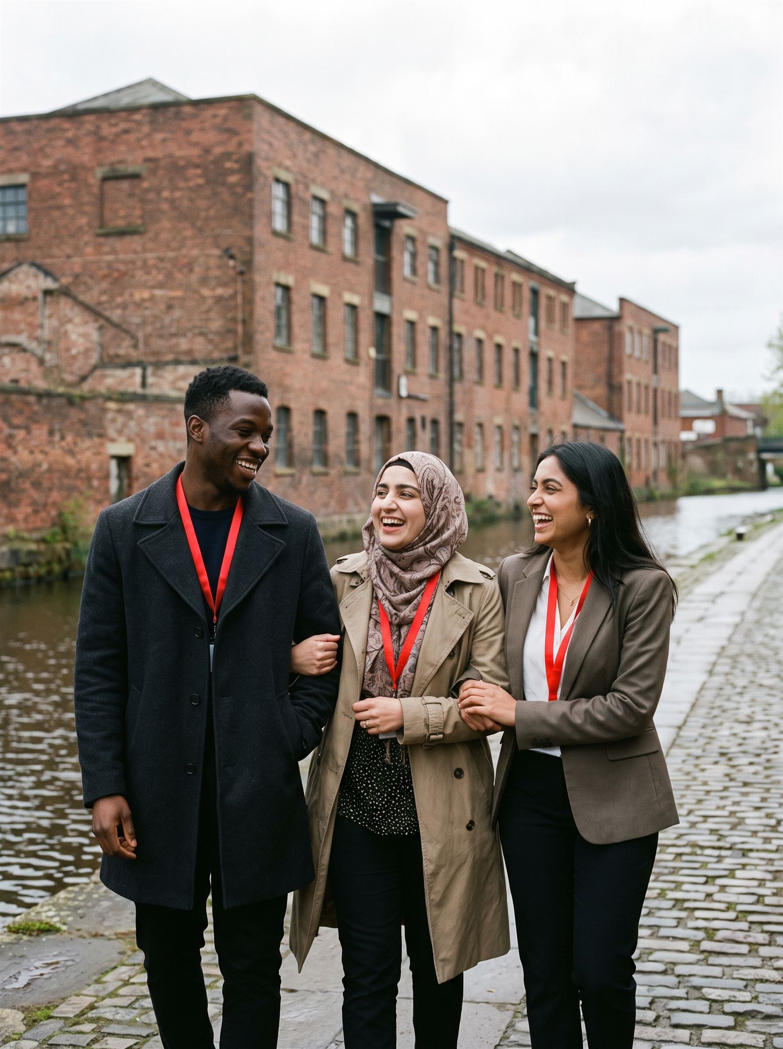 Delegates walking along a canal towpath lined with red brick warehouses